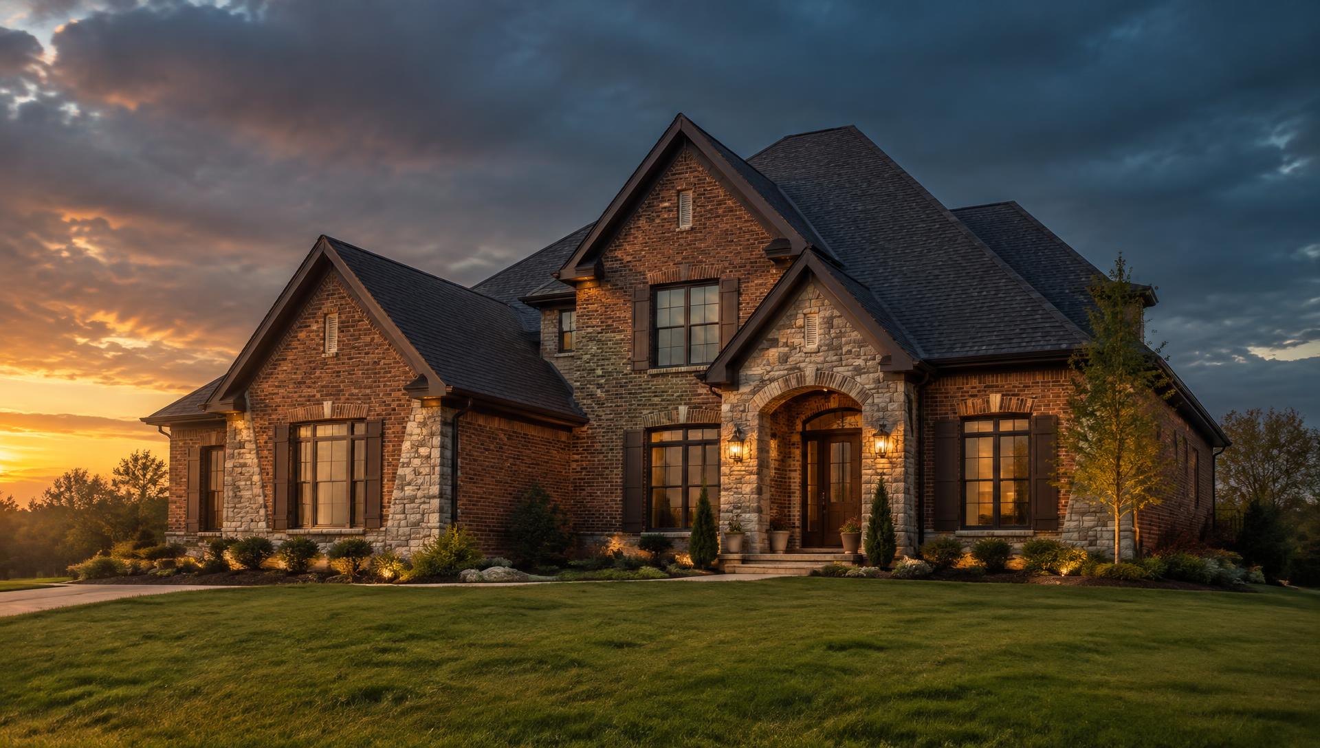Brick Missouri home exterior with a new architectural shingle roof at dusk